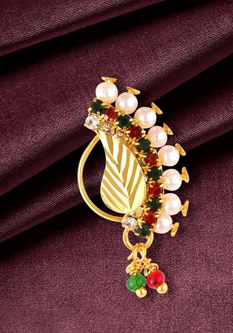 Gold Plated Pearl Bead Alloy Cz Artificial Stone Maharashtrian Nath