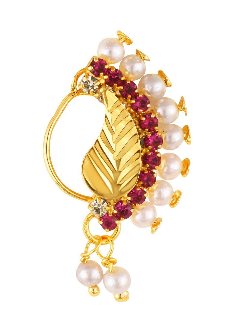 Gold Plated Pearl Bead Alloy Cz Artificial Stone Nath - Indya