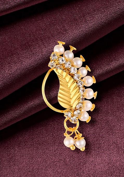 Gold Plated Pearl Bead Alloy Cz Artificial Stone Maharashtrian Nath