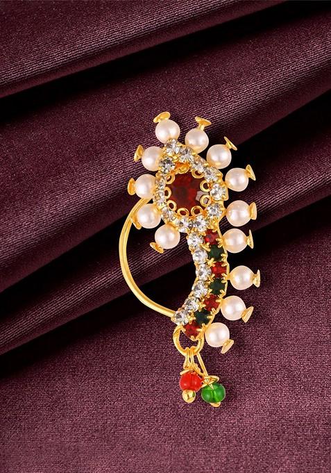 Gold Plated Pearl Bead Alloy Cz Artificial Stone Maharashtrian Nath