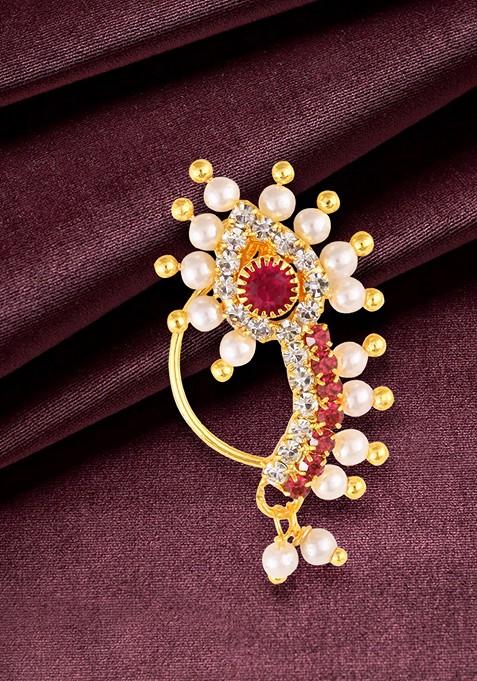 Gold Plated Pearl Alloy Cz Artificial Stone Maharashtrian Nath