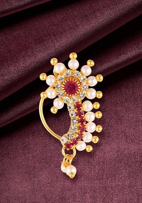 Gold Plated Pearl Bead Alloy Cz Artificial Stone Maharashtrian Nath