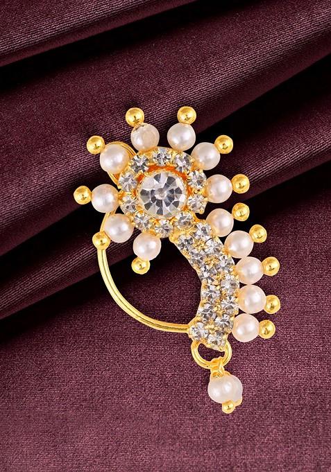 Gold Plated Pearl Bead Alloy Cz Artificial Stone Maharashtrian Nath