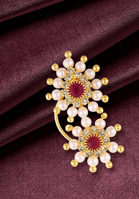 Gold Plated Pearl Bead Alloy Cz Artificial Stone Maharashtrian Nath