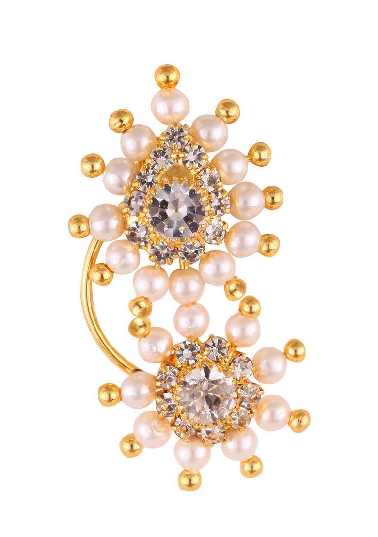 Gold Plated Pearl Bead Alloy Cz Artificial Stone Maharashtrian Nath - Indya