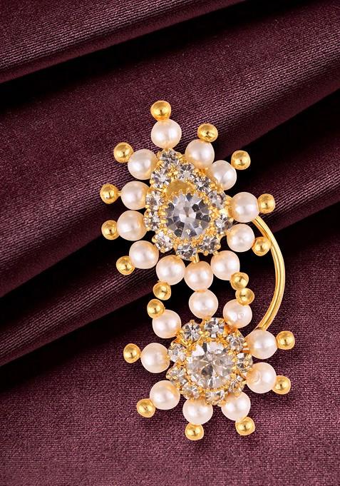 Gold Plated Pearl Bead Alloy Cz Artificial Stone Maharashtrian Nath