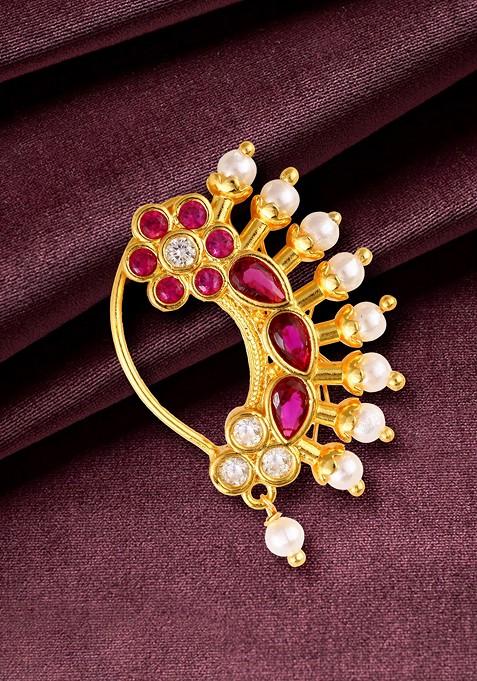 Gold Plated Pearl Bead Alloy Cz Artificial Stone Nath