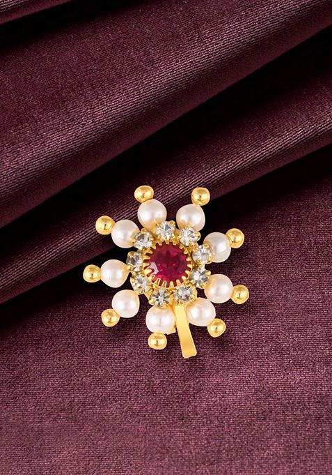 Gold Plated Pearl Bead Alloy Cz Artificial Stone Maharashtrian Nath