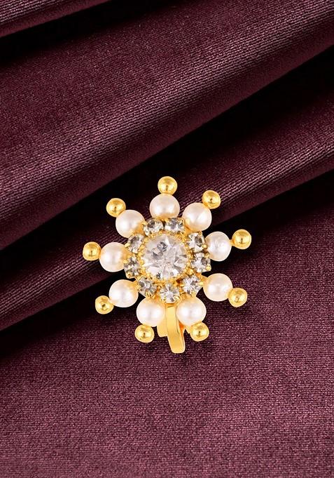 Gold Plated Pearl Bead Alloy Cz Stone Maharashtrian Nath