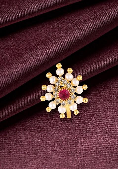 Gold Plated Pearl Bead Alloy Cz Artificial Stone Maharashtrian Nath