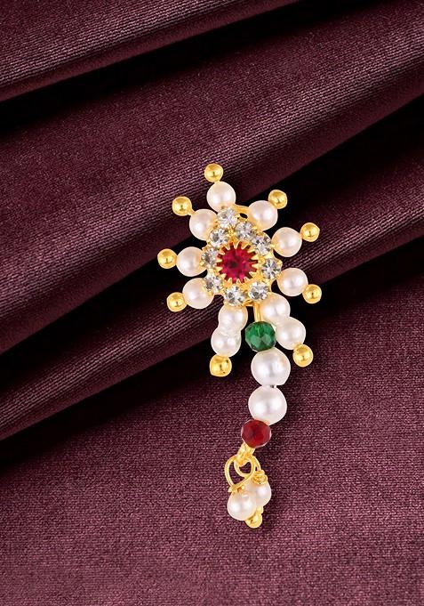 Gold Plated Pearl Bead Alloy Cz Artificial Stone Maharashtrian Nath