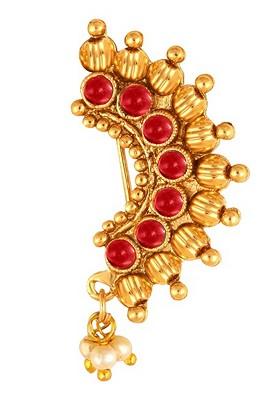 Gold Plated Pearl Bead Alloy Artificial Stone Maharashtrian Nath