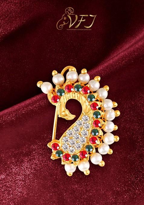 Gold Plated Pearl Bead Alloy Cz Stone Maharashtrian Nath