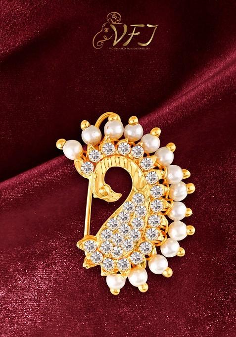 Gold Plated Pearl Bead Cz Stone Maharashtrian Nath