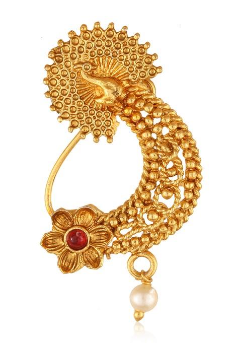 Gold Plated Alloy Pearl Bead Artificial Stone Maharashtrian Nath