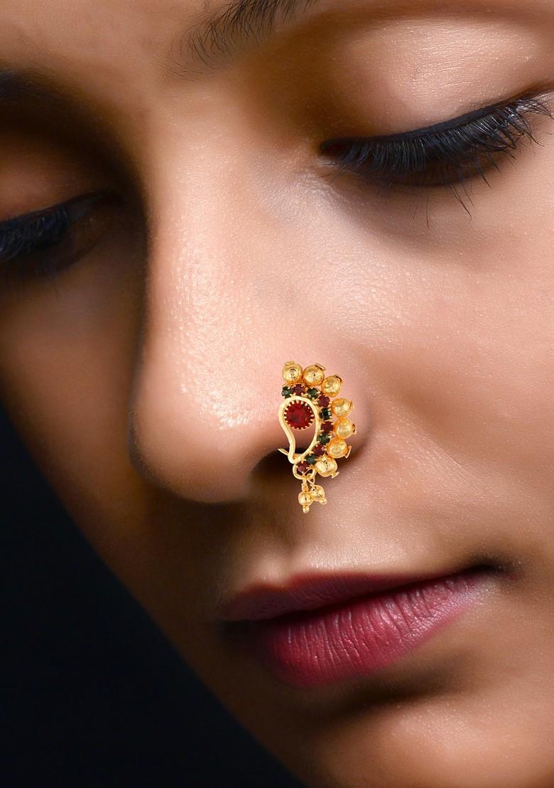Gold Plated Alloy Cz Stone Maharashtrian Nath - Indya