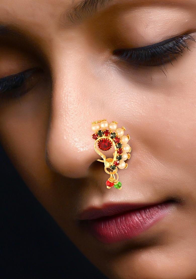 Gold Plated Bead Alloy Cz Stone Nath - Indya