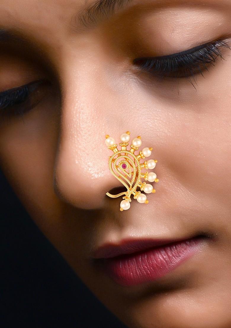 Gold Plated Bead Alloy Cz Stone Maharashtrian Nath - Indya