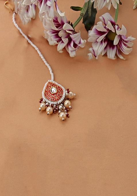 Red And Cream Gold Plated Kundan Pearl Maangtika