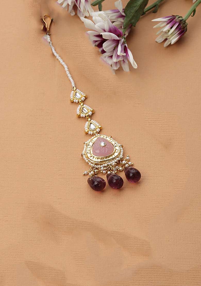 Purple And Pink Gold Plated Kundan Pearl Maangtika - Indya