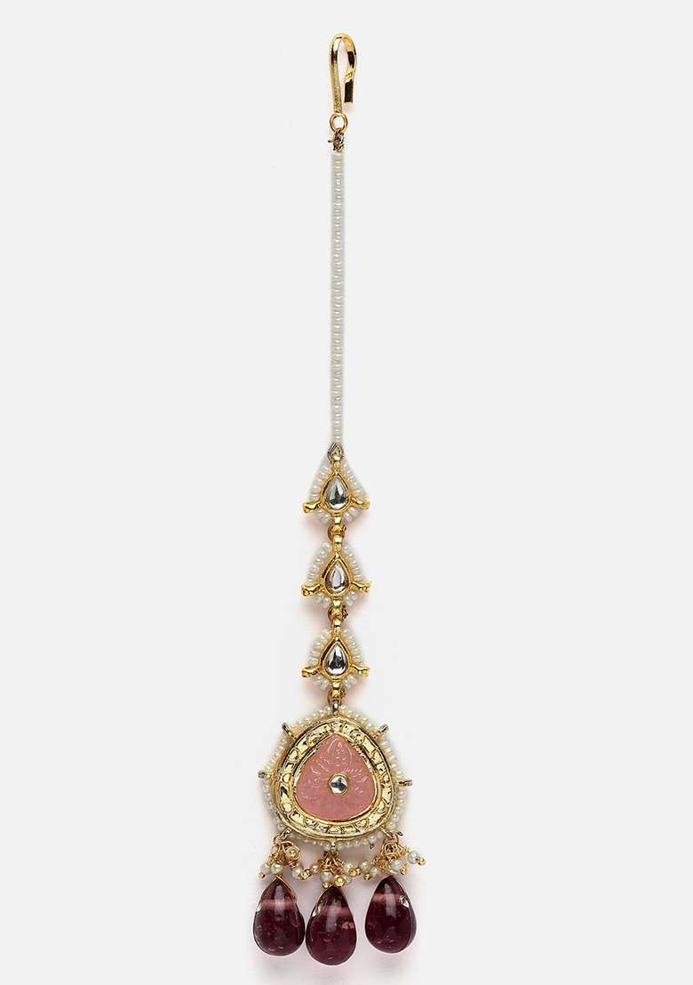Purple And Pink Gold Plated Kundan Pearl Maangtika - Indya