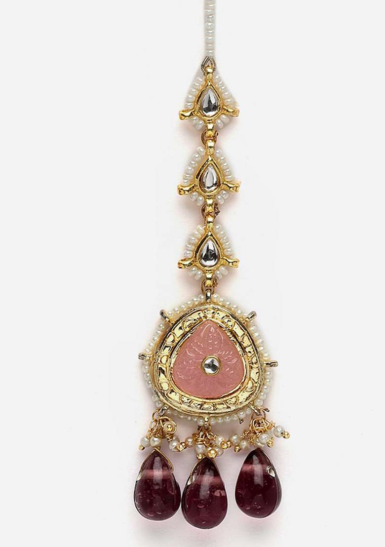 Purple And Pink Gold Plated Kundan Pearl Maangtika - Indya