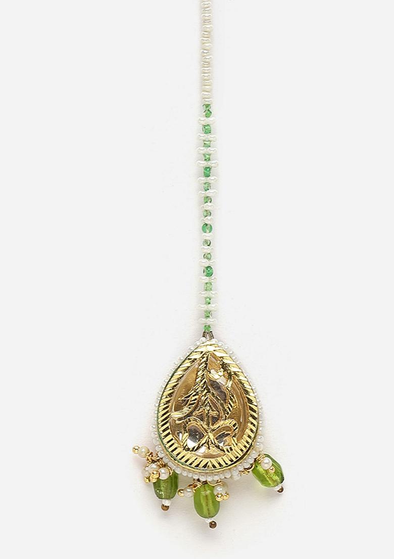 Green Gold Plated Kundan Pearl Maangtika - Indya