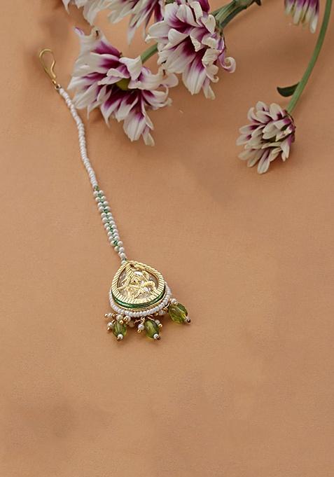 Green Gold Plated Kundan Pearl Maangtika