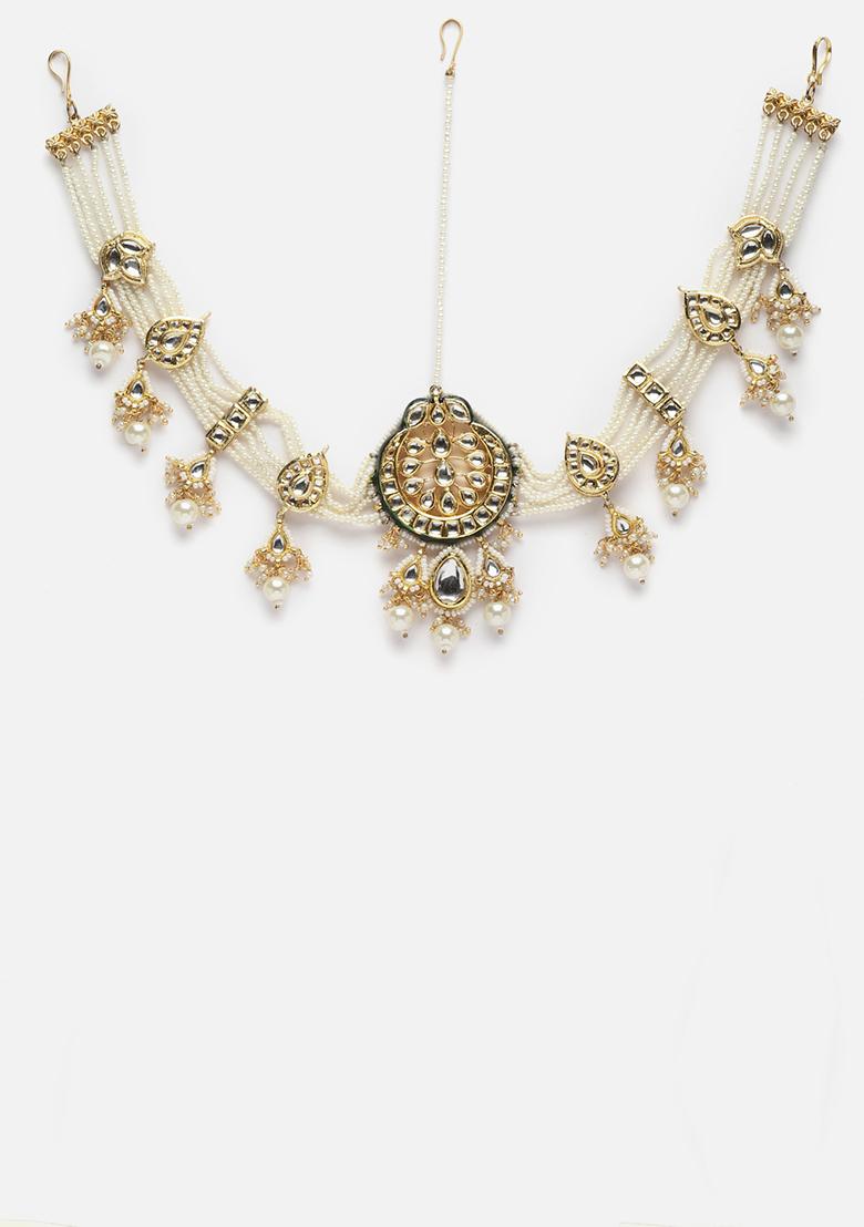 Cream Gold Plated Kundan Pearl Mathapatti - Indya