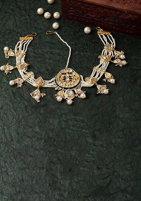 Cream Gold Plated Kundan Pearl Mathapatti