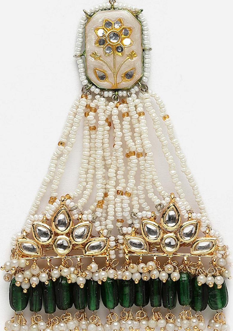 Green And Cream Gold Plated Kundan Pearl Passa - Indya