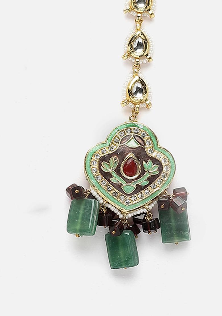 Blue And Grey Gold Plated Kundan American Diamond Maangtika - Indya