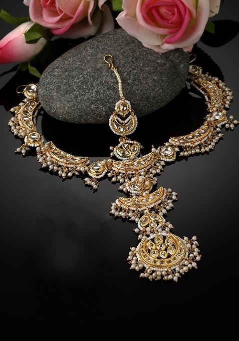 Gold And White Gold Plated Kundan Pearl Mathapatti