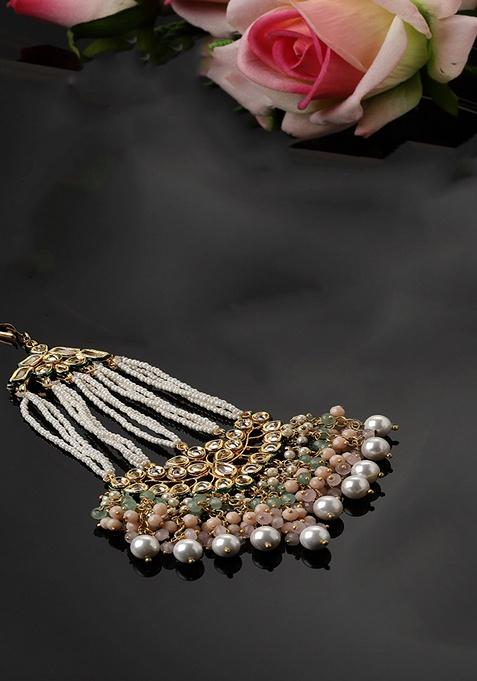 Green And Peach Gold Plated Kundan Pearl Passa