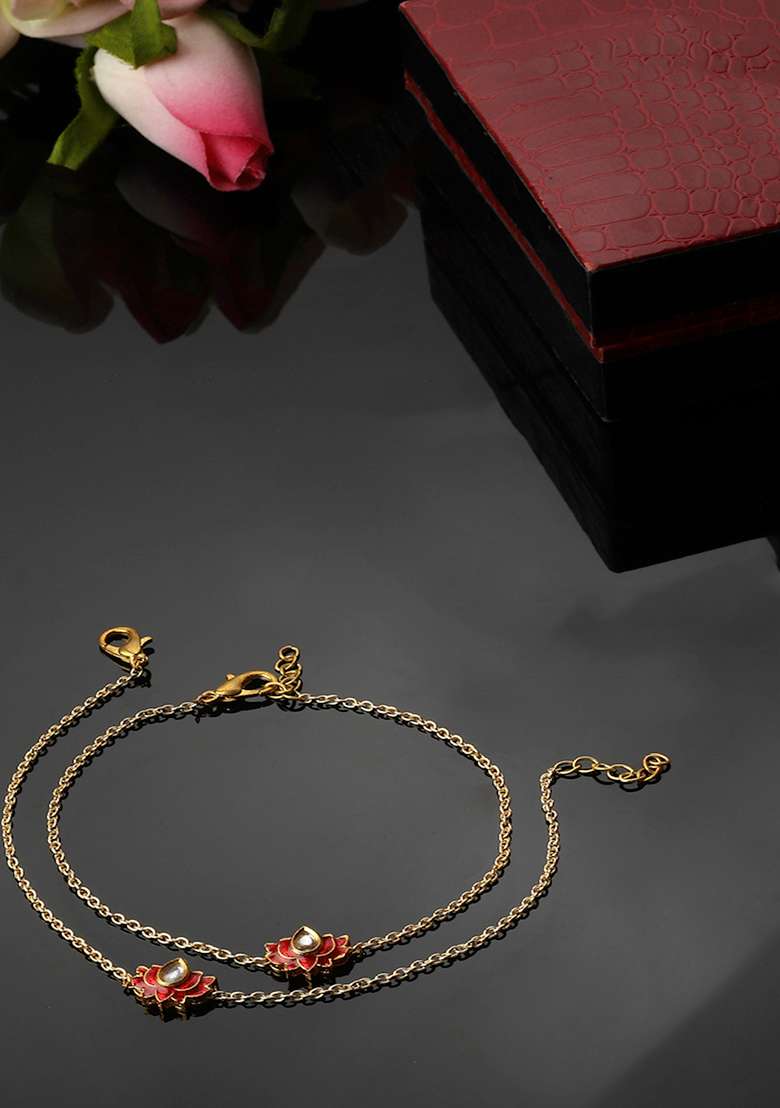Red Gold Plated Kundan Pearl Anklet - Indya