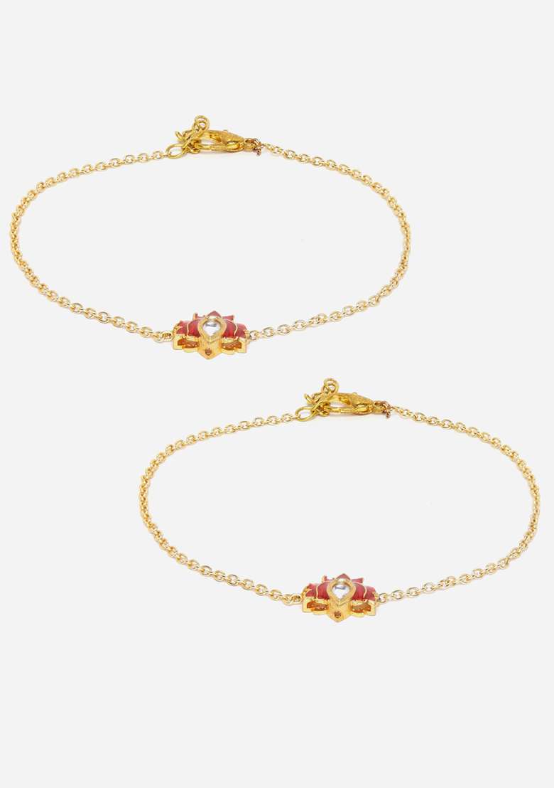Red Gold Plated Kundan Pearl Anklet - Indya