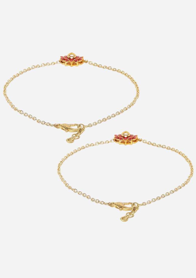 Red Gold Plated Kundan Pearl Anklet - Indya