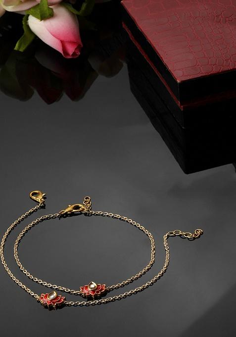 Red Gold Plated Kundan Pearl Anklet