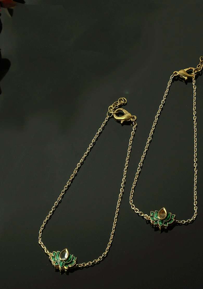Green Gold Plated Kundan Pearl Anklet - Indya