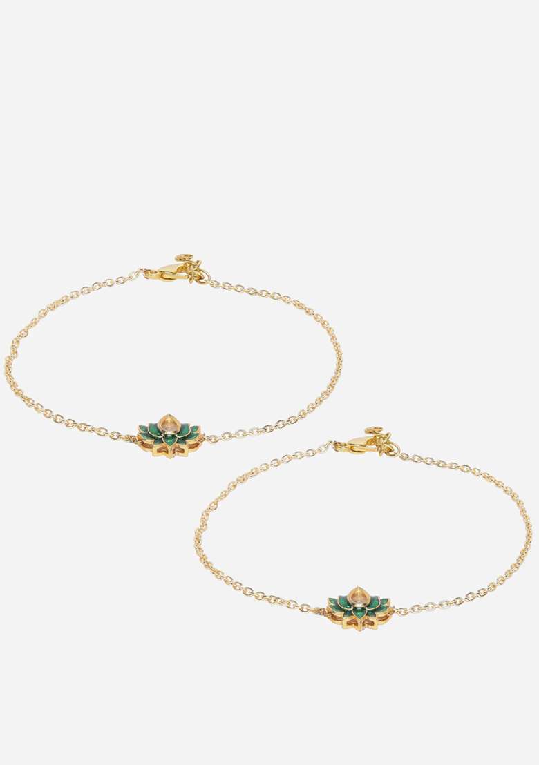 Green Gold Plated Kundan Pearl Anklet - Indya