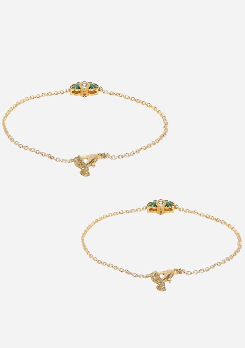 Green Gold Plated Kundan Pearl Anklet - Indya