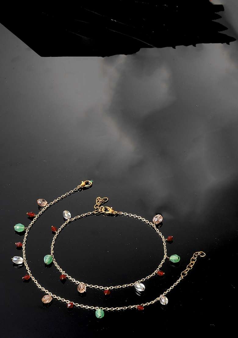 Green And Peach Gold Plated Kundan Pearl Anklet - Indya