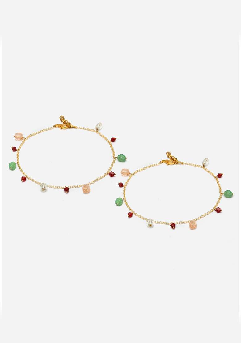 Green And Peach Gold Plated Kundan Pearl Anklet - Indya