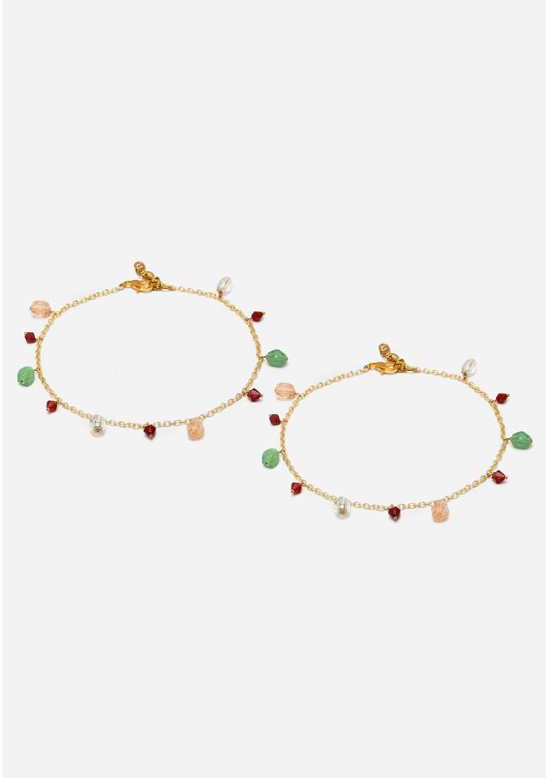 Green And Peach Gold Plated Kundan Pearl Anklet - Indya