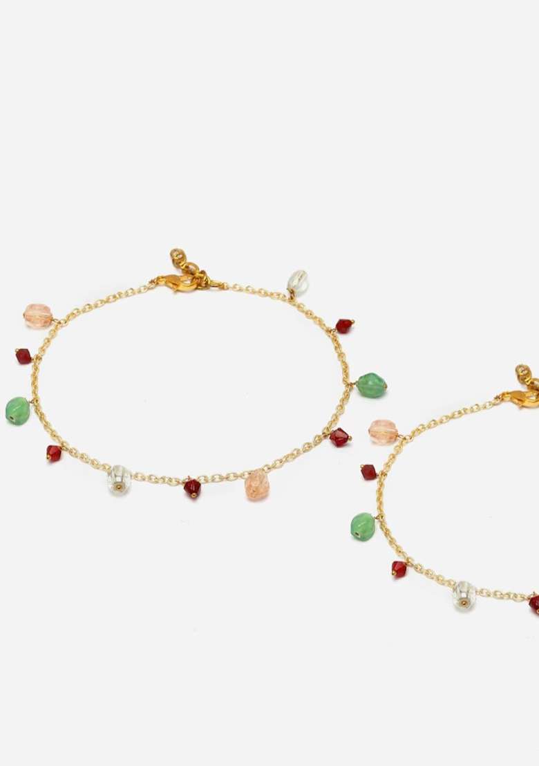 Green And Peach Gold Plated Kundan Pearl Anklet - Indya