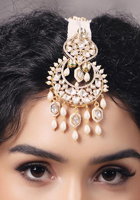 Gold Plated Polki Pearl Maang Tikka