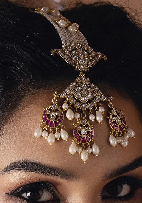 Gold Plated Polki Pearl Maang Tikka