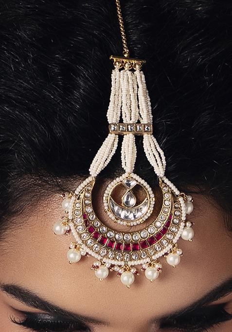 Gold Plated Polki Pearl Maang Tikka