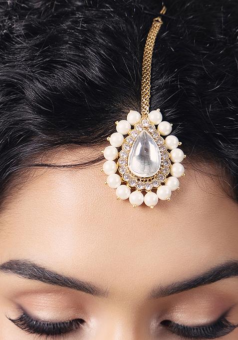 Gold Plated Polki Pearl Maang Tikka