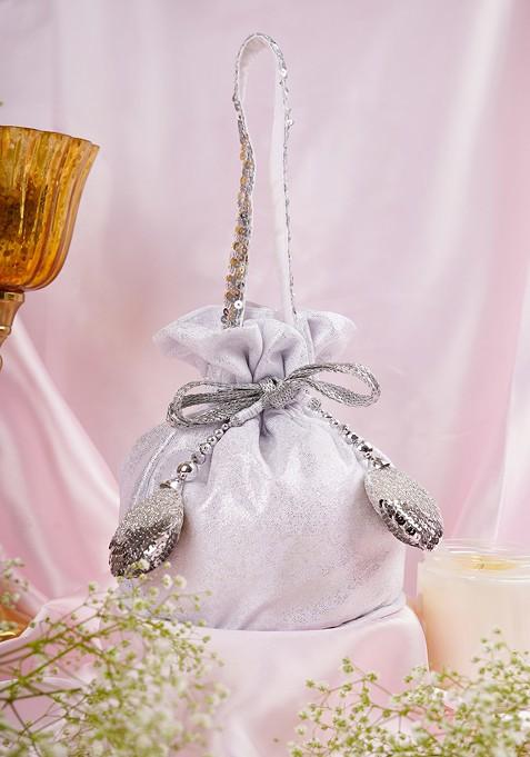 Silver Georgette Embellished Potli Bag